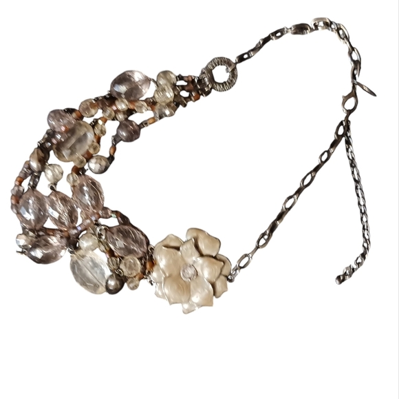 NY Signed Chunky Silver Toned Necklace Enamel Flowers Lightweight - Picture 2 of 11